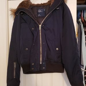 American Eagle Faux Fur Hooded Bomber Coat
